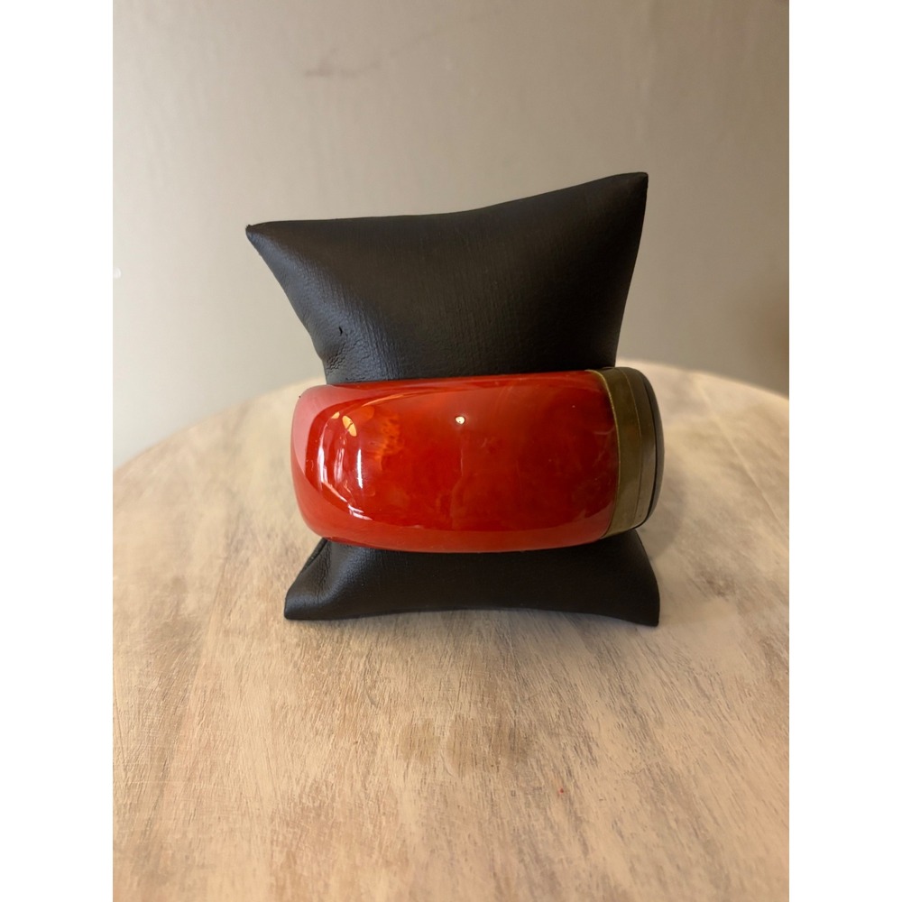 Premier Designs Red Resin and Wood Hinge Cuff Bracelet Brass Tone Chunky Bangle